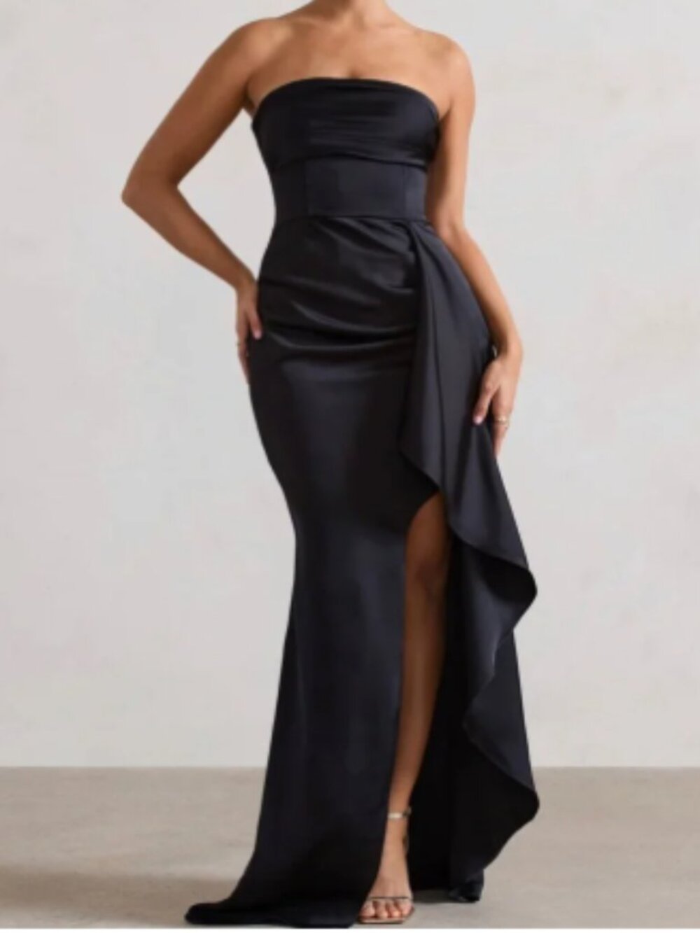 Club L London Black Strapless Ruffle Gown